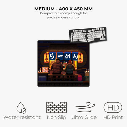 A product listing graphic for a medium-sized desk mat or mouse pad. The central product shows a colorful anime-style illustration of two people sitting at a table in a dimly lit restaurant, with a smaller inset showing the keyboard layout printed on the product.
