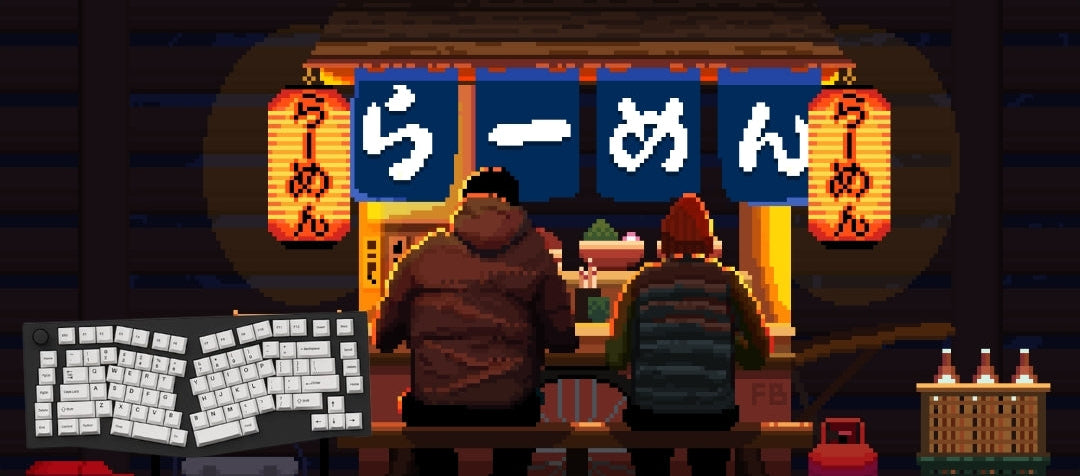 Pixel art mousepad of a ramen shop with two people sitting at a table, glowing orange lanterns, Japanese signage, and a small cart in a dark stylized environment.