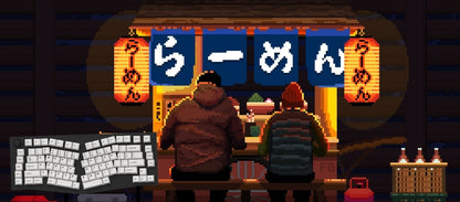 Pixel art mousepad of a ramen shop with two people sitting at a table, glowing orange lanterns, Japanese signage, and a small cart in a dark stylized environment.