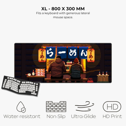 Pixel art XL mousepad of two people sitting in a ramen shop under the warm glow of lanterns.