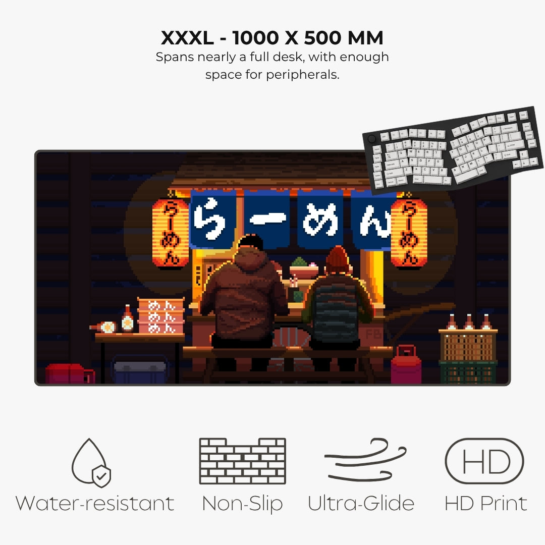 Pixel art XXXL mousepad of two people sitting in a ramen shop under the warm glow of lanterns.