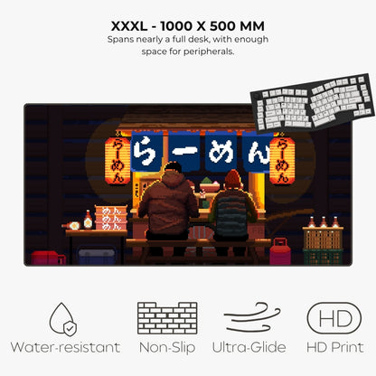 Pixel art XXXL mousepad of two people sitting in a ramen shop under the warm glow of lanterns.