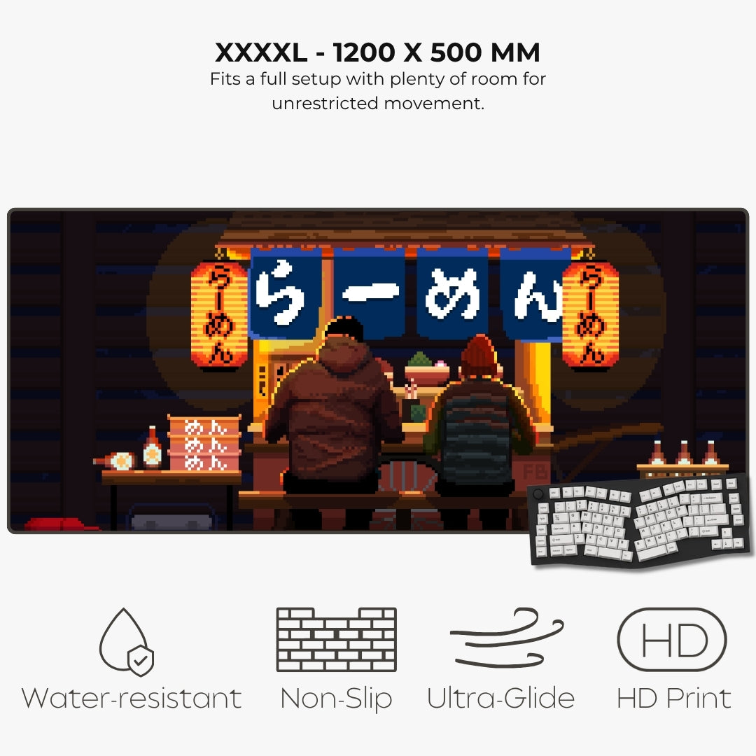 A product listing graphic for a large pixel-art mousepad. The top text reads 'XXXXL - 1200 X 500 MM' with a fitting description, and the center shows the mural itself depicting two people from behind at a pixelated bar with Japanese lanterns.