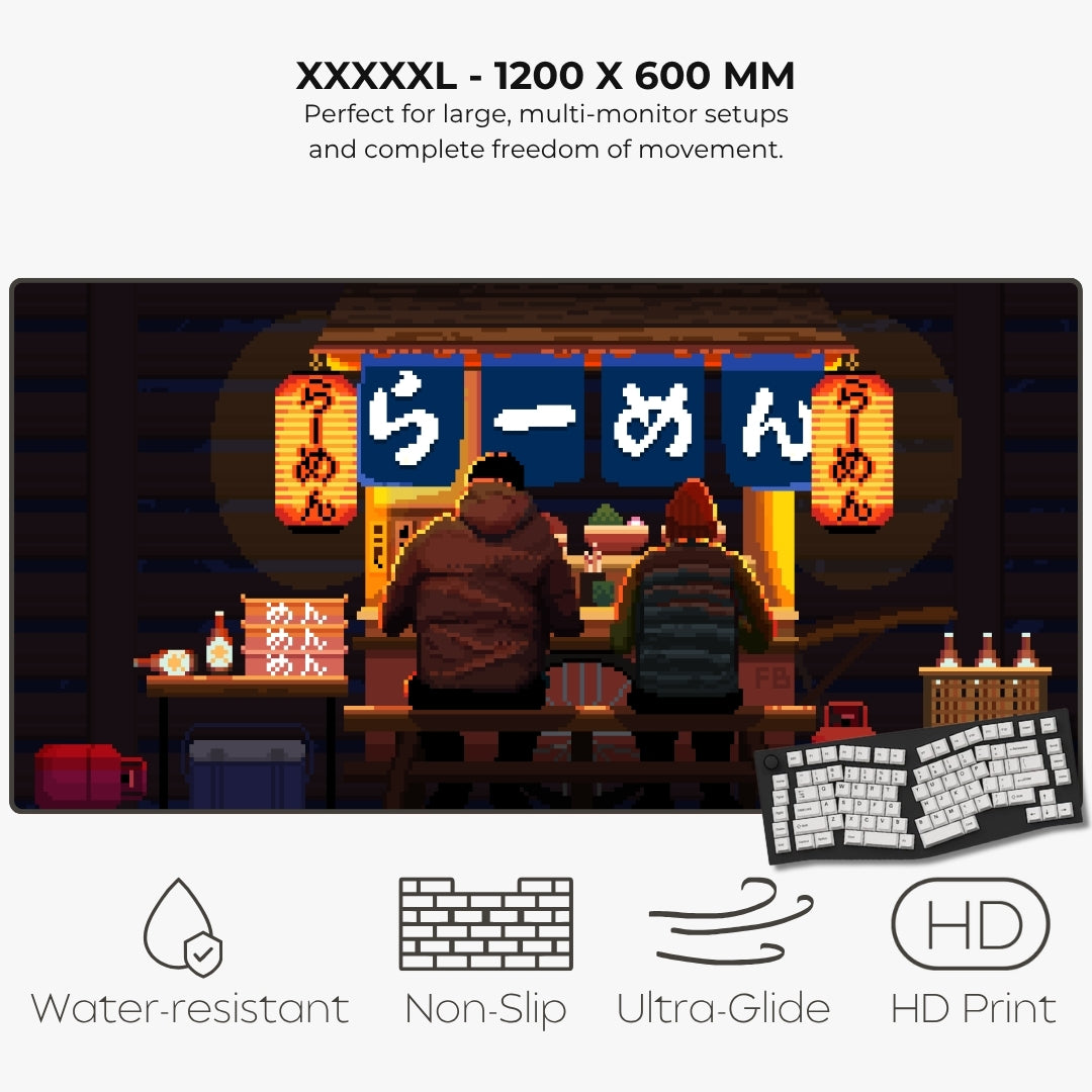 Pixel art large XXXXXL mousepad of two people sitting in a ramen shop under the cozy glow of lanterns.