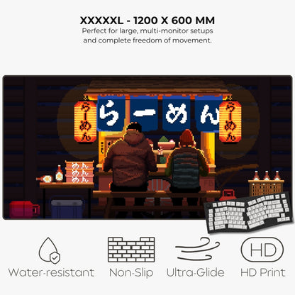 Pixel art large XXXXXL mousepad of two people sitting in a ramen shop under the cozy glow of lanterns.